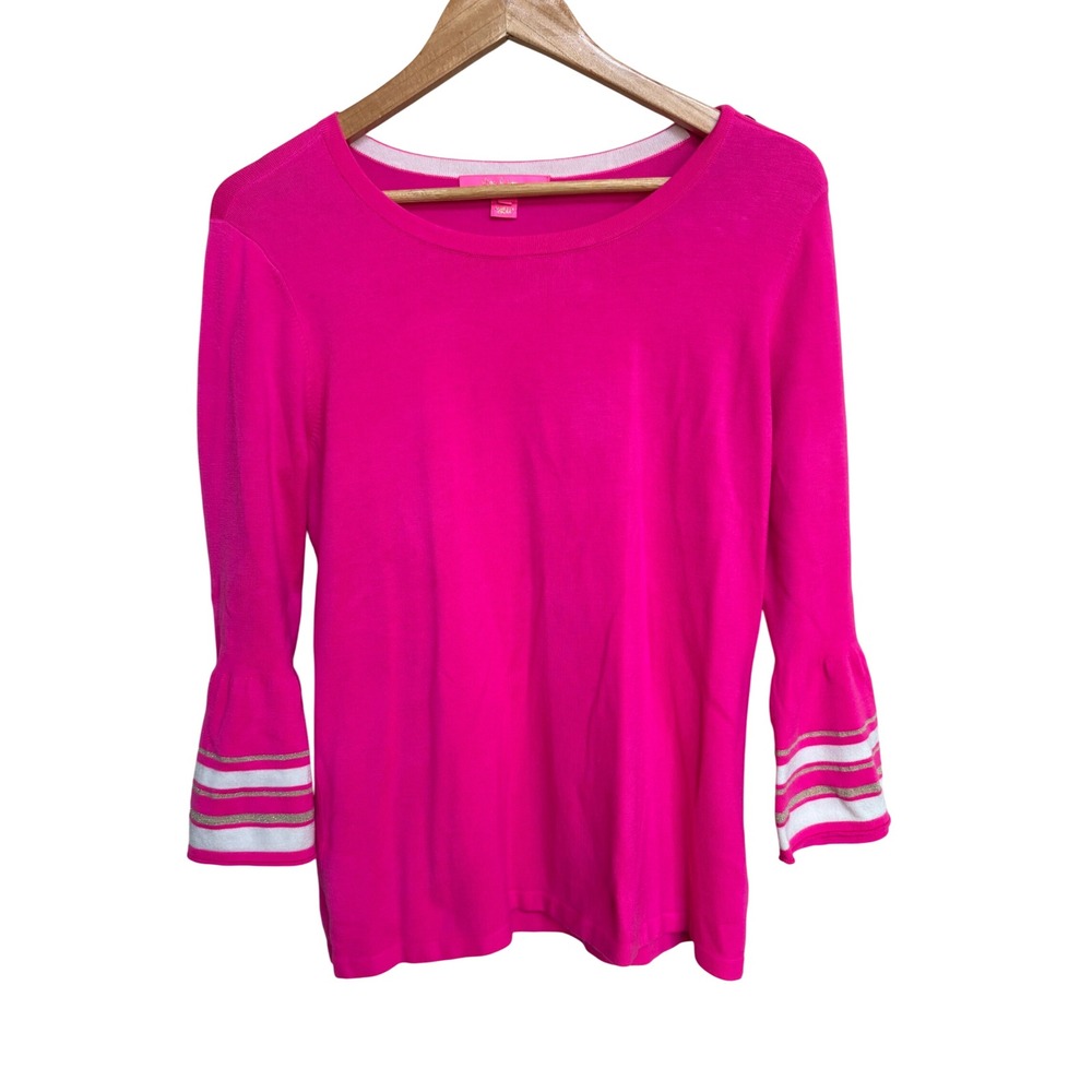 Lilly Pulitzer Pink Bell Sleeve Sweater Gold Stripe Button Shoulder Top Large